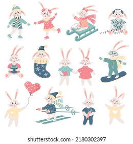 Set of cute rabbits. Chinese symbol of the new year 2023. Animal holidays cartoon character. Vector illustration.