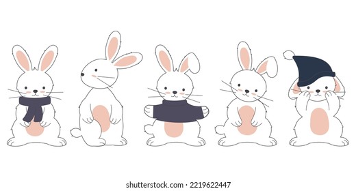 Set of cute rabbits for Christmas. Vector illustration in cartoon style.
