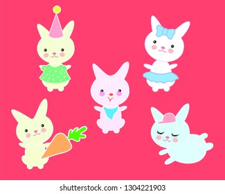 a set of cute rabbits in different costumes in the style of kawaii