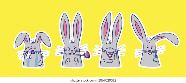 Set of cute rabbits with different emotions. 4 stickers perfect for kid's card, banners, stickers and other. Cry, love, laughing and drunk. Isolated vector illustration.