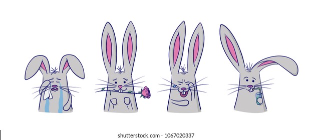 Set of cute rabbits with different emotions. 4 stickers perfect for kid's card, banners, stickers and other. Cry, love, laughing and drunk. Isolated vector illustration.