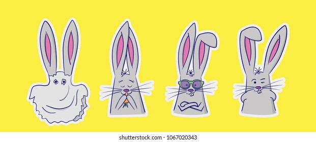 Set of cute rabbits with different emotions. 4 stickers perfect for kid's card, banners, stickers and other. Ghost, with a carrot, cool hipster with glasses, and winks. Isolated vector illustration.