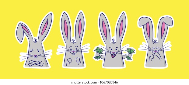 Set of cute rabbits with different emotions. 4 stickers perfect for kid's card, banners, stickers and other. Angry, positive, rich and giggling hare. Isolated vector illustration.