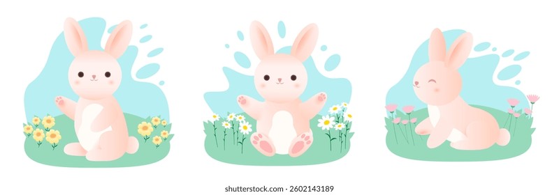 Set of Cute Rabbits Different Pose. Vector flat illustration isolated on a Spring meadow with 
wild flowers, daisies on an abstract blue background for Easter Events, Postcards, Invitations, Greetings