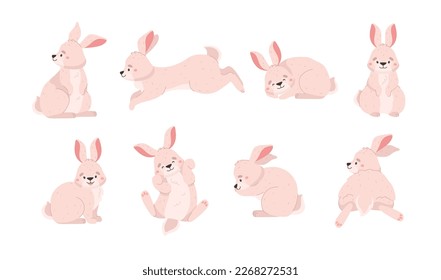 Set of cute rabbits in different poses, cartoon flat vector illustration isolated on white background. Collection of funny animals, cheerful bunny character. Concept of Easter holidays.