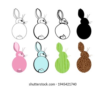 A set of cute rabbits in different styles: outline, silhouette, art line, color, chocolate, with texture on an isolated white background. Symbols of happy Easter celebration.