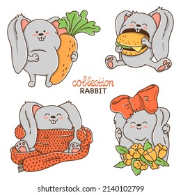 Mit süßen Kaninchen im Doodle-Stil. Farbige Vektorgrafik auf weißem Hintergrund.