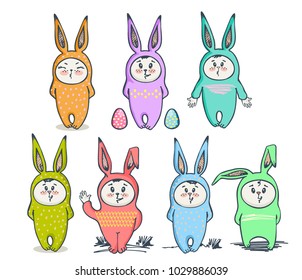 Set of cute rabbits with Easter eggs. Hand drawn stylized hare, rabbits character holding easter decorated eggs smiling set. Isolated illustration on a white background. Easter and spring symbols.