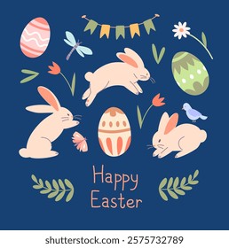 A set of cute, rabbits, eggs. Easter card