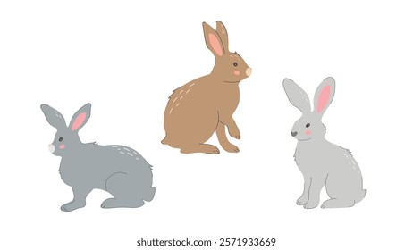 Set of Cute Rabbits in Flat Style. Bunnies Drawn in Different Poses. Farm animals, agriculture. Vector design isolated on white background