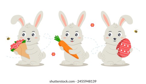 Conjunto de conejos lindos con flores, zanahoria y huevo de Pascua. Ilustración vectorial