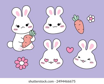 Set of cute rabbits with flowers, carrot and heart. Hand drawn vector illustration. Line art. Bunny sticker set.