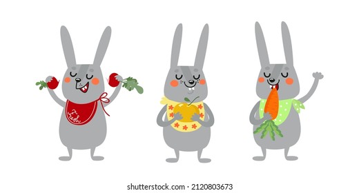 Conjunto de lindos conejos con frutas y verduras, manzana, zanahoria, rábano.  Conejo de caricaturas, comida sana en la granja. dieta de vitaminas completas. Vamos concepto vegano. Ilustración de vector plano dibujada a mano aislada en blanco