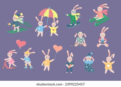 Set of cute rabbits. Funny boy and girl bunny in different poses and clothes. Cartoon forest characters collection. Colorful vector illustration in flat cartoon style. 