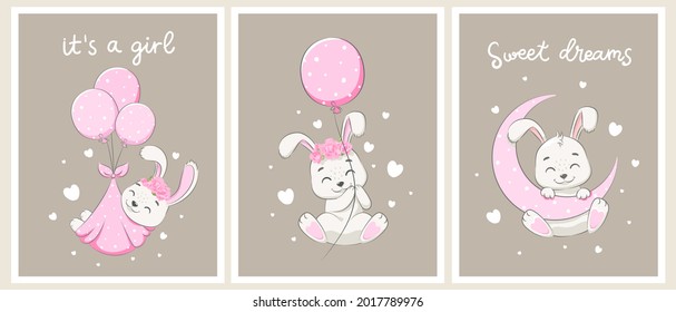 A set of cute rabbits for a girl. Sweet dreams,the moon, flowers and hot air balloon flights. Vector illustration of a cartoon.