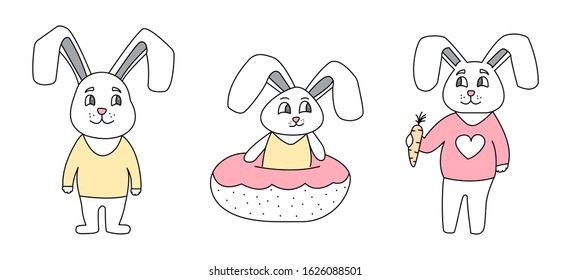 Set of cute rabbits hand drawn style, Cute cartoon funny animal character.