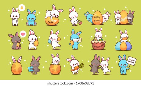 set cute rabbits happy easter bunnies stickers collection spring holiday concept horizontal vector illustration