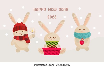 
A set of cute rabbits in a hat, scarf, with gifts for the New Year and Christmas.Happy new year greeting card, year of the rabbit