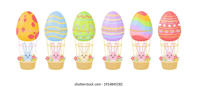 Set of cute rabbits in hot air balloon. Illustrations of little bunnies in the baskets with egg air balloons.