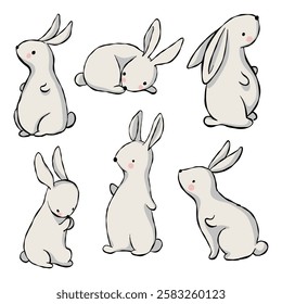 Set of cute rabbits isolated on white background. Vector illustration