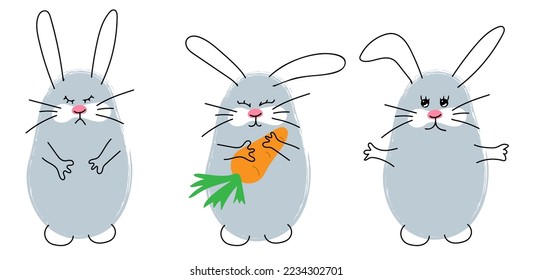 Set of cute rabbits. Little hand drawn bunnies. Vector illustration
