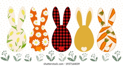 A set of cute rabbits with long ears sitting with their backs in chamomile flowers, in carrots, in tulips. Spring card applique for Easter Day. Vector graphics.