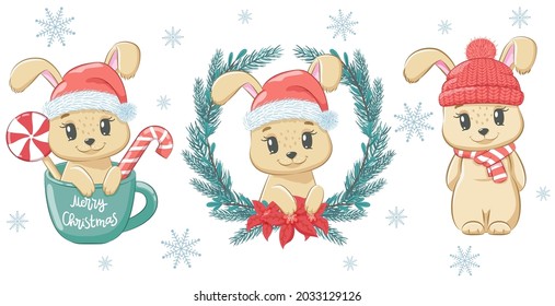 A set of cute rabbits for the New Year and for Christmas. Vector illustration of a cartoon.