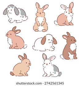 Set of cute rabbits on isolated white background. Hand drawn Easter bunny cliparts.