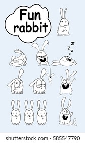 Set of cute rabbits on light blue background. Fun collection of black and white emoticons. Vector