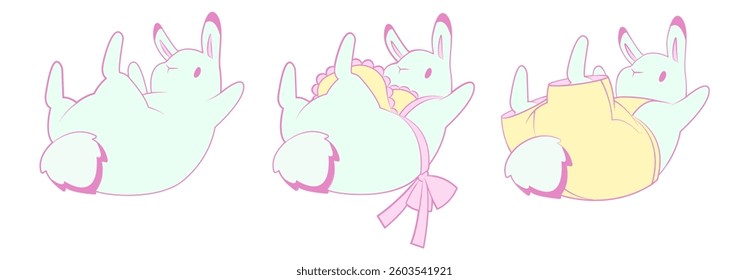 Set of cute rabbits in overalls and aprons. Easter illustration in pastel colors. Isolated on white.