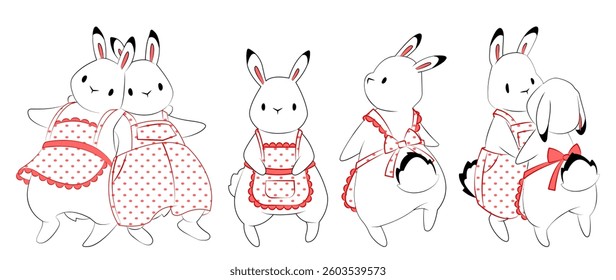 A set of cute rabbits in red overalls and aprons. Easter illustration.