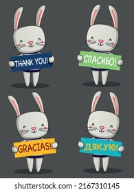 set of cute rabbits that say "thank you" in different languages