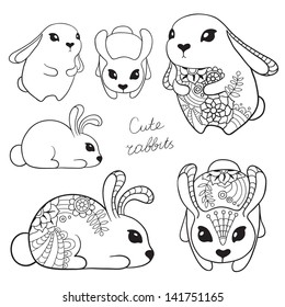 Set of cute rabbits. Vector illustration.