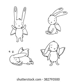 Set of cute rabbits with wings.  Hand drawing isolated objects on white background. Vector illustration. 