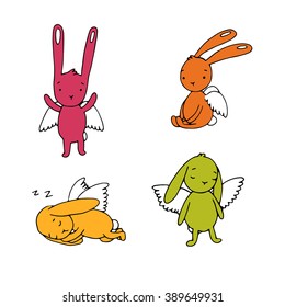 Set of cute rabbits with wings. Hand drawing isolated objects on white background. Vector illustration. 