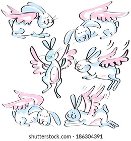 set of cute rabbits with wings sketch in pink blue colors