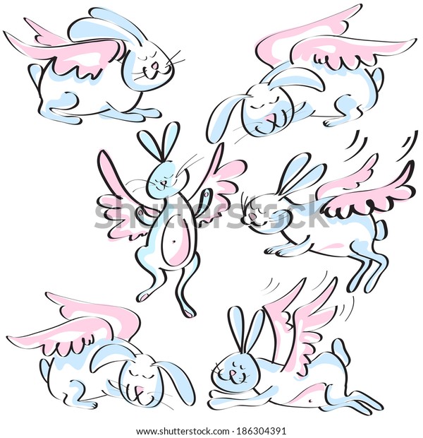 Set Cute Rabbits Wings Sketch Pink Stock Vector (Royalty Free ...