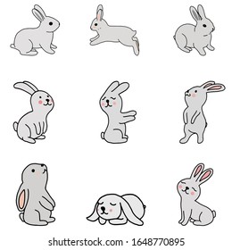 Set of cute rabbits.Cartoon.Hares in different poses.Cute animals for children, for the Easter holiday, for printing on textiles.Vector illustration