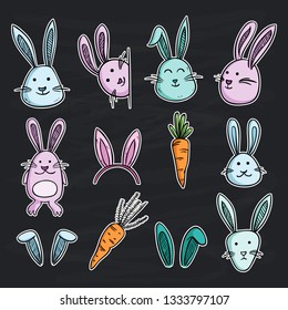 set of cute rabit or bunny with wortel on chalkboard background