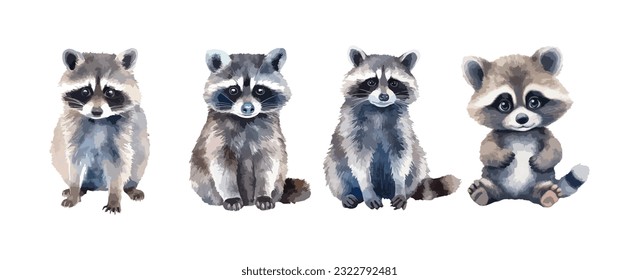 Set of cute raccoon animal watercolor isolated on white background. Vector illustration