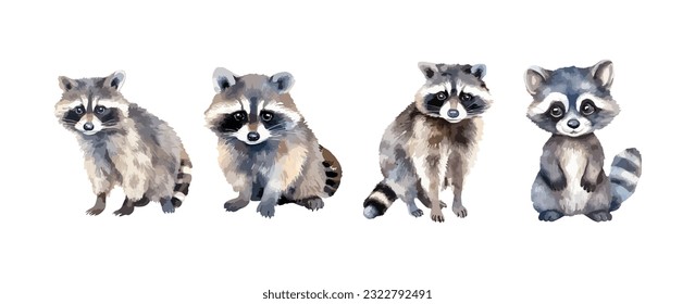 Set of cute raccoon animal watercolor isolated on white background. Vector illustration