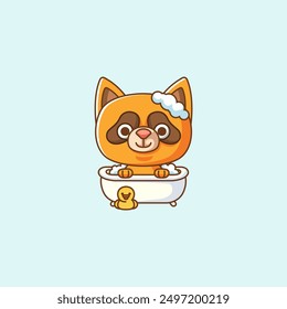 set Cute raccoon bathing time in bathtub kawaii chibi character mascot illustration outline style design