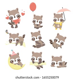 Set of cute raccoon character in different poses and positions.
