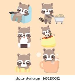 Set of cute raccoon character in different poses and positions.
