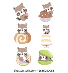 Set of cute raccoon character in different poses and positions.
