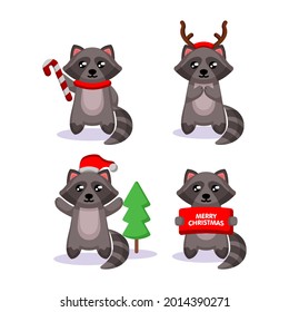 Set of cute raccoon with Christmas costume and decoration