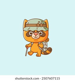 set Cute raccoon hiking camp kawaii chibi character mascot illustration outline style design