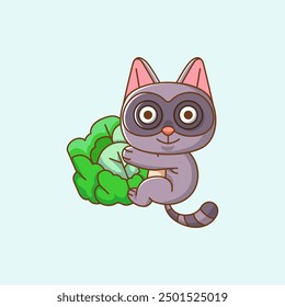 set Cute raccoon hug cabbage hanging kawaii chibi character mascot illustration outline style