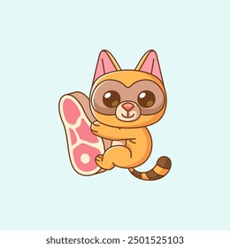 set Cute raccoon hug meat hanging kawaii chibi character mascot illustration outline style