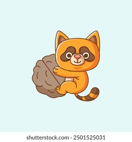 set Cute raccoon hug nut hanging kawaii chibi character mascot illustration outline style